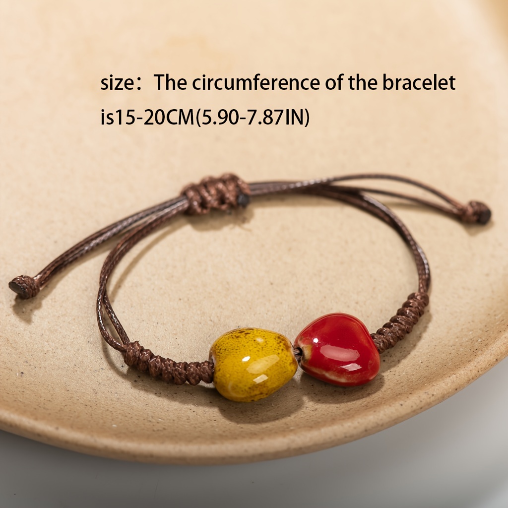 Bohemian Ceramic Heart Bracelet Handcrafted Woven Adjustable Band Ethnic Style